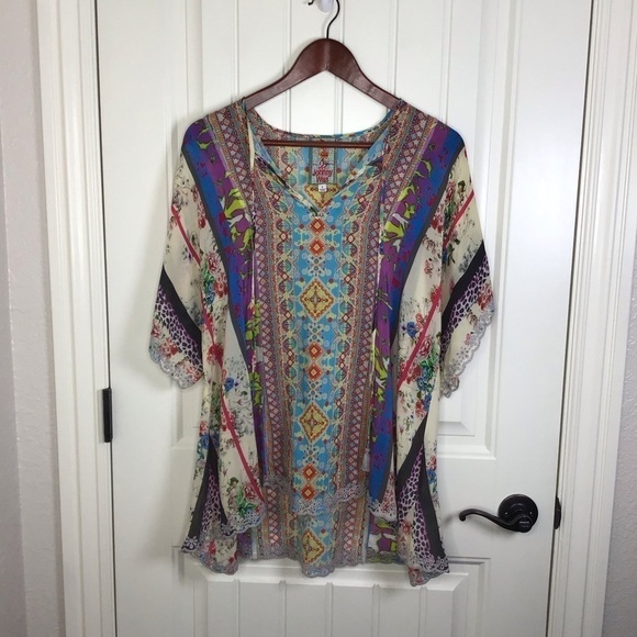 Johnny Was Floral Mixed Medai Split Neck Scallop Hem Georgette Blouse Size Small - Picture 2 of 11